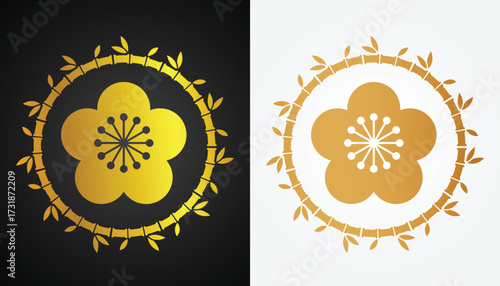 Chinese flower and lotus pattern vector image logo in gold variations with a beautiful white and black background for design purposes and others