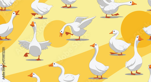 A delightful pattern of white geese waddling across a sunny yellow background.