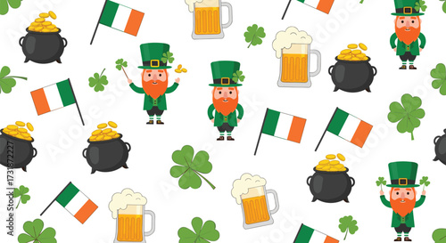 A festive St. Patrick's Day pattern featuring leprechauns shamrocks pots of gold and Irish flags.