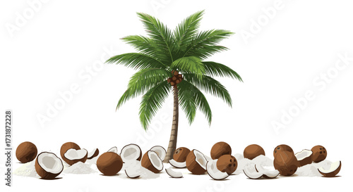 A solitary palm tree stands majestically over a scattered collection of coconuts on a bright white background.