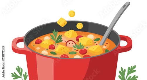 A delicious and hearty stew simmering in a red pot on a white background.