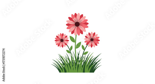 A beautiful illustration of three pink flowers growing in lush green grass on a white background.
