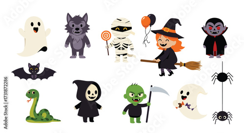 A collection of cute pixelated Halloween characters including a ghost a werewolf a mummy a witch a vampire a bat a snake the grim reaper a goblin and spiders.