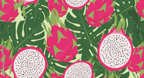 Exotic dragon fruit and lush green tropical leaves seamless pattern.