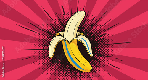 A close up view of a peeled banana in a comic book style with a burst of red rays behind it.