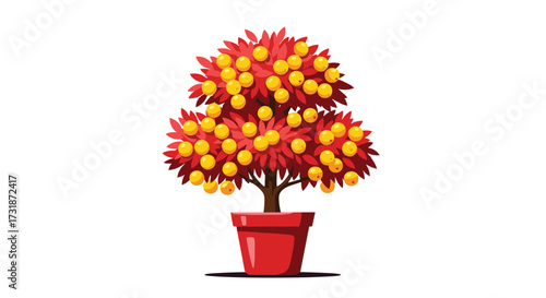 A vibrant potted tree overflowing with bright orange fruits during a rich autumn season.