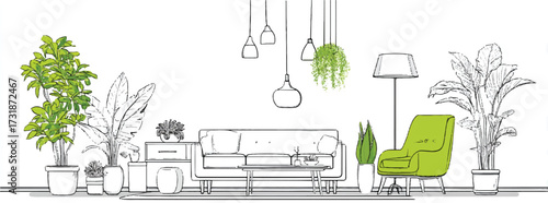 Stylish living room interior design with green accents and indoor plants creating a cozy atmosphere
