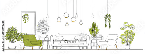 Stylish living room interior sketch with potted plants providing fresh ambiance and modern aesthetic