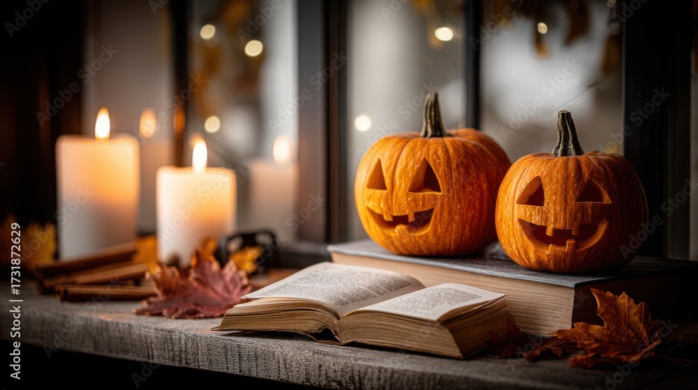 Obraz premium atmospheric photo of halloween pumpkin in autumn forest. pumpkin. halloween. autumn atmosphere