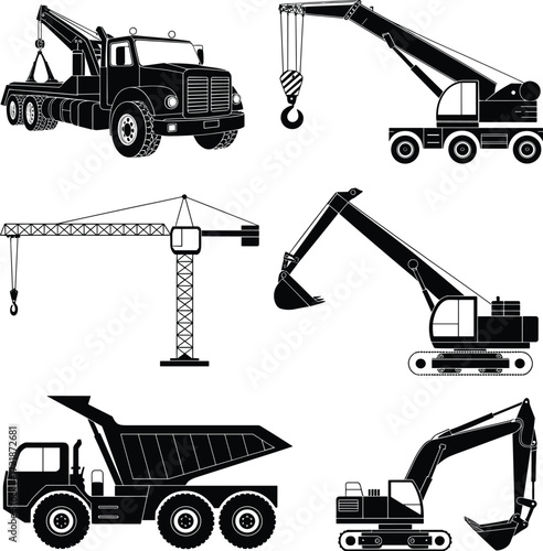 Black and white illustration of construction and farming vehicles, tow truck, mobile crane, tower crane, excavator, dump truck, heavy machinery design