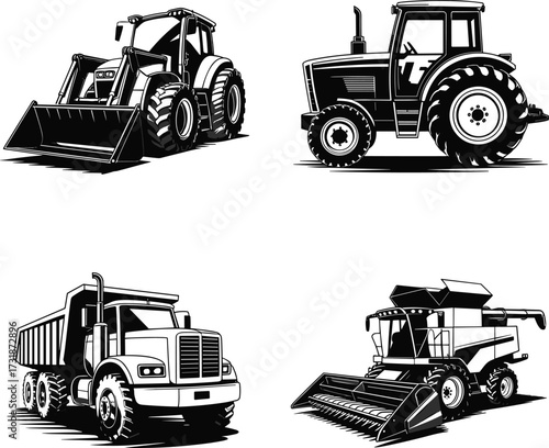 Black and white illustration of heavy machinery vehicles, front loader tractor, farm tractor, dump truck, combine harvester, construction and agriculture equipment design