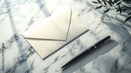 A serene photographic composition of a cream envelope and a black ink pen lying on a smooth white marble surface, captured under soft diffused window light,