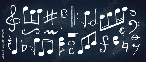 Crayon pastel or chalk music note signs doodle hand drawn symbol shapes set. Chalkboard textured musical symbols treble, bass clefs, pauses doodle collection.