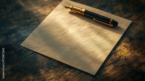 A top-down photographic still life of a blank ivory paper sheet with subtle grain texture, a golden fountain pen resting diagonally, surrounded by soft diffused shadows on a dark wooden surface,