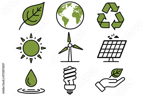 WebVibrant collection of eco friendly icons depicting renewable energy, conservation, and environmental protection for sustainable living and green initiatives