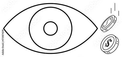 Large eye gazing at falling coins with dollar and currency symbols. Ideal for finance, investment, vision, wealth management, money mindset, analytics, and profitability. Simple flat metaphor