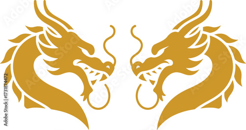 Stylized golden dragon heads facing each other majestic mythical creatures oriental art