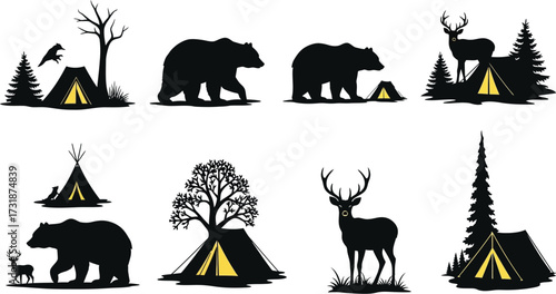 Camping silhouette collection with bear, deer, tent and tree perfect for creating adventure themed designs