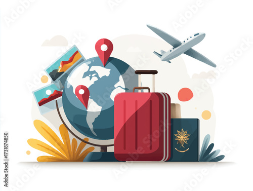 Travel the world vacation concept with globe airplane luggage and passport for holiday adventures and tourism planning