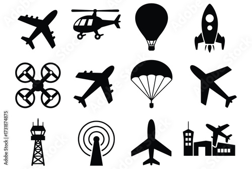 WebDynamic collection of modern transportation icons including airplanes, helicopters, drones, rockets, hot air balloons, and parachutes, perfect for aviation and travel themes.