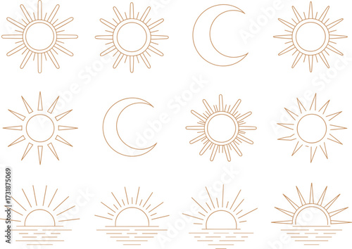 Stylized sun and moon icons set celestial body designs geometric shapes abstract celestial elements