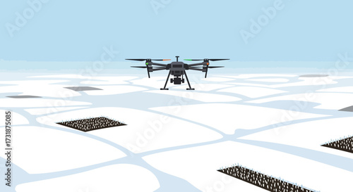 A drone hovers above a futuristic city landscape.