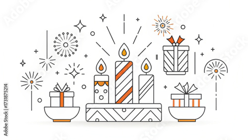 Festive illustration featuring candles gifts and fireworks in a minimalist line art style design element
