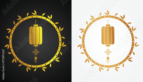 Vector image of Chinese lantern logo with beautiful and cool gold color variations with cool bamboo circle motif with black and white background for various design and branding purposes