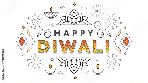Happy diwali graphic with diyas, floral elements, and diamond shapes in a festive design layout