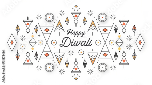 Happy diwali greeting card with geometric patterns and shapes in black orange and yellow on a white background