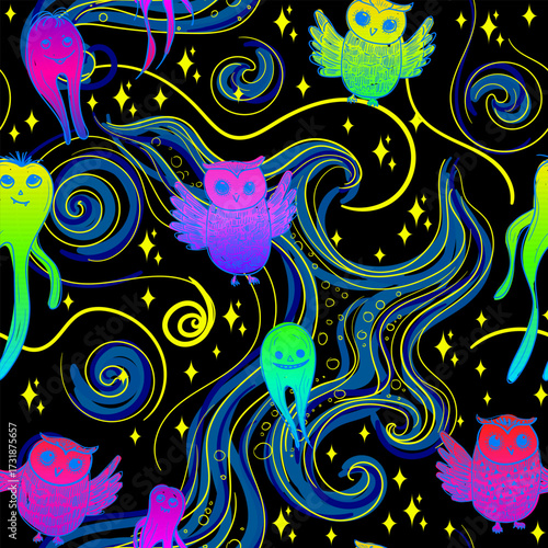 Seamless neon Halloween pattern featuring glowing ghosts and whimsical owls on a dark starry night sky with smoky swirls. Playful and naive in style, this festive design is perfect for fabrics, 