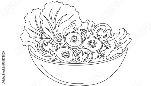 Bowl of salad line art healthy eating concept vector illustration for coloring books and educational materials