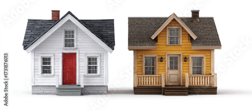 Two cute cartoon style houses representing different architecture and home design ideas on a white background