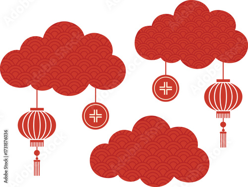 Four stylized red clouds with hanging traditional chinese lanterns and decorative ornaments suitable for celebrations
