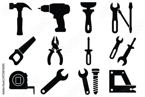 WebStunning collection of essential tools including hammer, drill, saw, pliers, wrenches, screwdriver, tape measure, and screw for DIY projects and professional construction needs