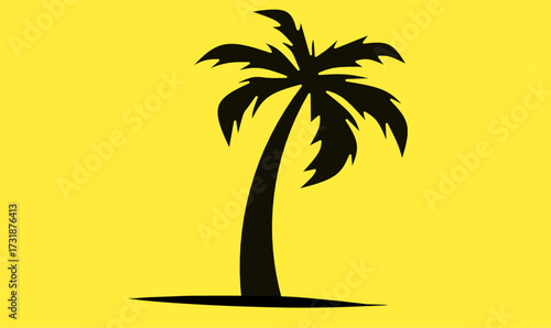 Palm tree silhouette icon on yellow background, tropical coconut tree vector symbol for summer, beach, vacation, nature, holiday, travel, and tropical design.