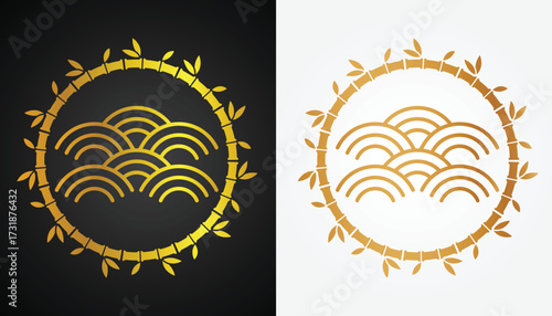 Vector image of Chinese noodle logo with beautiful and cool gold color variations with cool bamboo circle motif with black and white background for various design and branding purposes