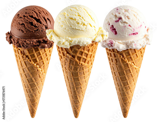 Three ice cream cones, chocolate, vanilla, and berry, in a horizontal row