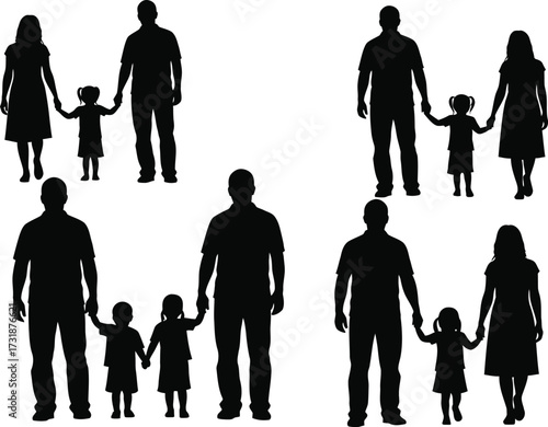 Silhouette of family holding hands father, mother and child walking together happy family concept, togetherness
