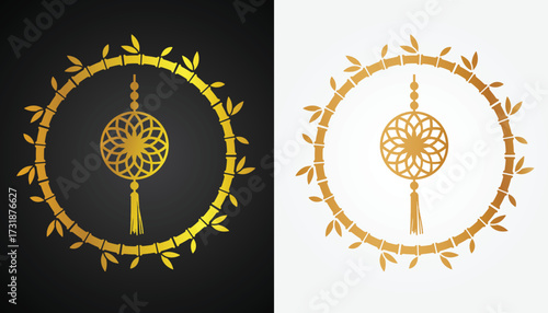 Vector image of Chinese lantern logo with beautiful and cool gold color variations with cool bamboo circle motif with black and white background for various design and branding purposes
