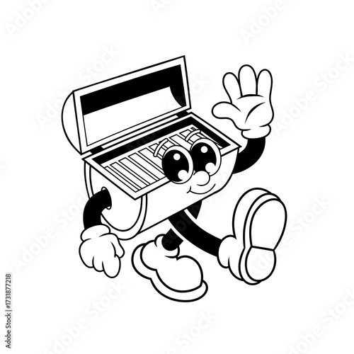 Retro character design of barbecue grill greets outline
