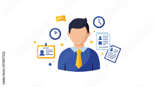 Professional employee avatar with ID, tasks, and working hours icons