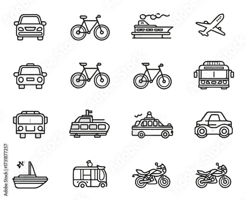 Variety of transportation method icons including car bicycle bus ship and airplane transport options in outline style