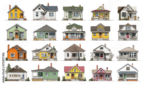 Variety of colorful houses painted in different styles creating charming architectural composition for real estate needs and inspiration