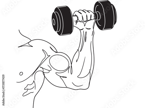 Line art illustration of a muscular arm lifting a dumbbell fitness and exercise concept isolated on white background