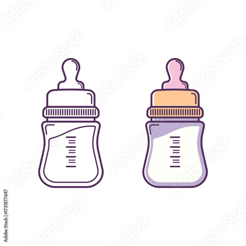 Vector illustration of baby feeding bottles in two styles: simple outline and colored version