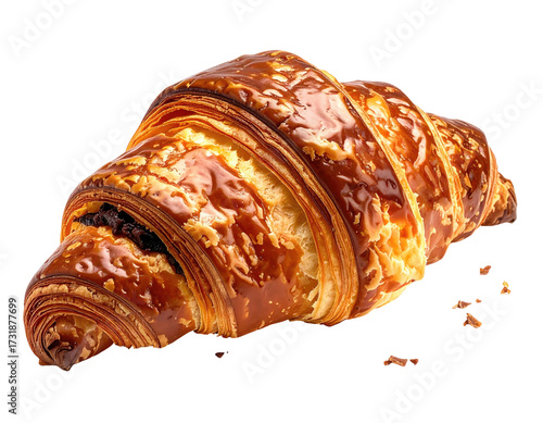 A golden-brown, filled croissant with flaky layers