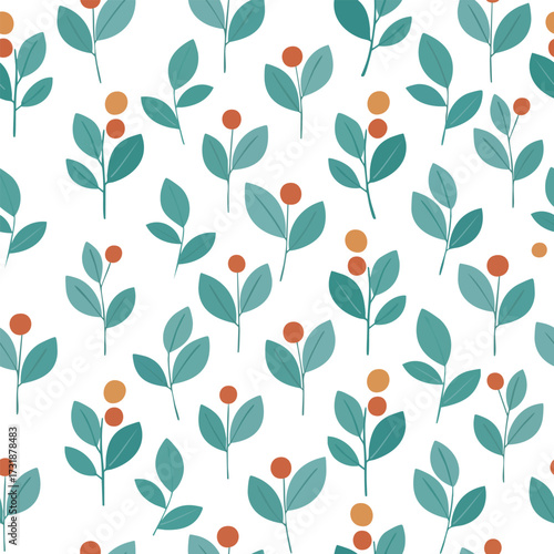 Playful Seamless Pattern with Teal Leaves and Orange Berries. Unlike a watercolor style, the leaves and berries have solid, flat colors and crisp edges, giving the pattern a clean and modern fee