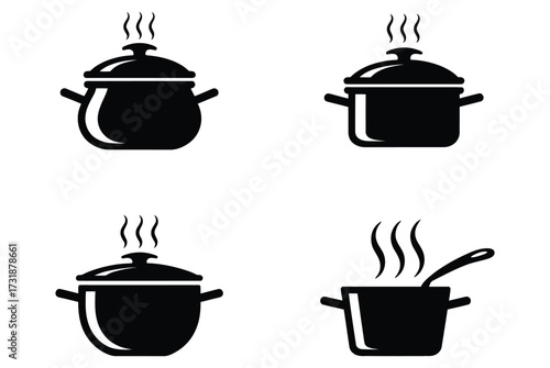 Four distinct cooking pot icons with steam rising, perfect for culinary projects, restaurant branding, and food-related designs