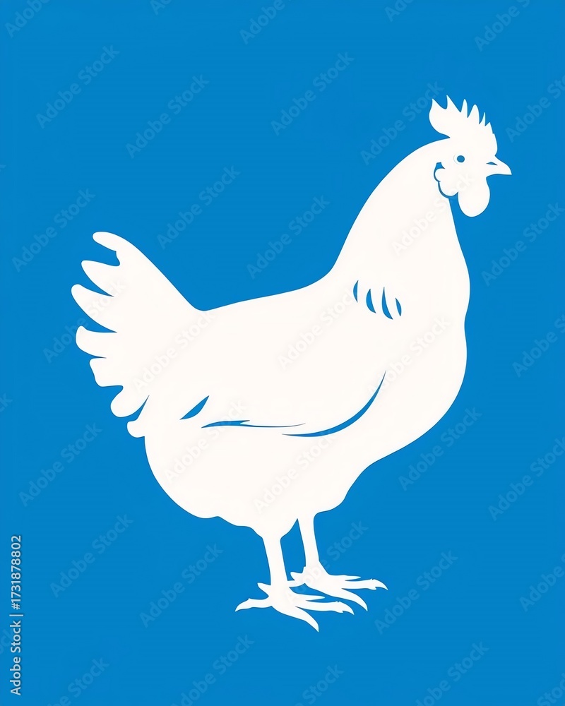 Fototapeta premium white silhouette of a chicken in profile facing right with visible comb and wattle on a solid blue background.